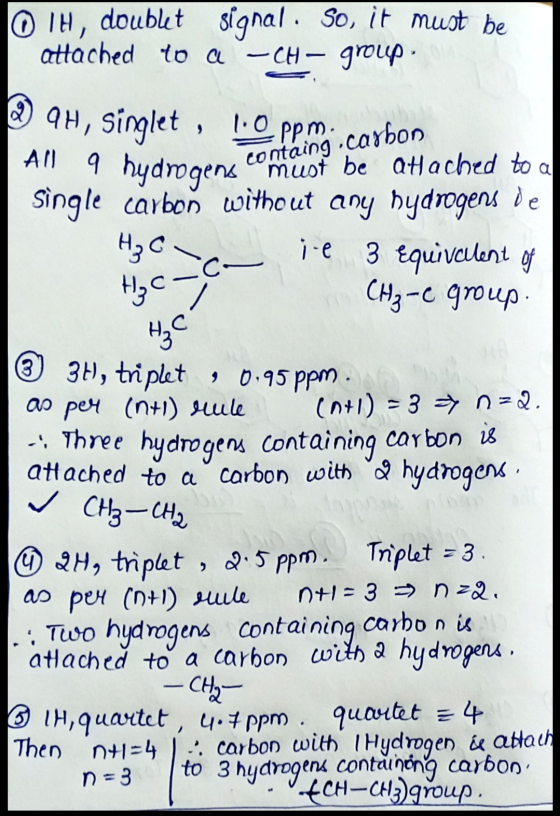 OTH, doublet signal. So, it must be attached to a -CH- group All a hydrogens containg ® 9H, Singlet , lo pp. ma carbon must b