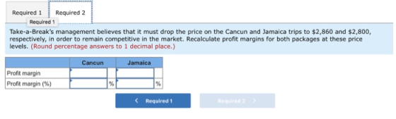 Required 1 Required 2 Required 1 Take-a-Breaks management believes that it must drop the price on the Cancun and Jamaica tri