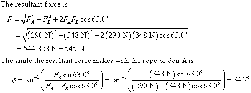 The resultant force is = 1290 N)2 +(348 N)2 +2(290 N)(348 N)cos 63 0° = 544.828 N= 545 N The angle the resultant force makes with the rope of dog A is ( 4mn6353 )-t-t290 N482348 n63 s63 0 )-34ア sin 63.0°(348 N) sin 63.0° ° ф tan-i- = 34.70 = tan