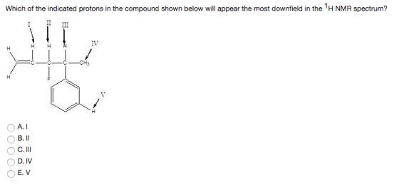 Which of the indicated protons in the compound shown below will appear the most downfield in the H NMR spectrum? D. IV