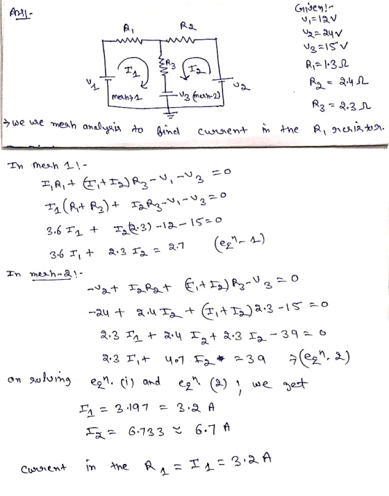 AD! R2 Gisen! U=120 Ug = 240 UB=15V R2134 R2 = २.५ 12 R3=234 in the Rinehistor. SN meanza -U3 (meln-2) & we we mesh analysis