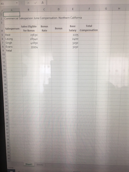 А1 2 Commercial Salesperson June Compensation: Northern California Bonus Rate Bonus Total Compensation Salesperson 5 Reid 6 L