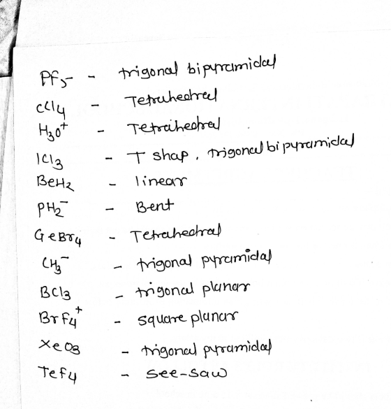 Pf;- - trigoncel bipramideel celu - Tetrahed reel Hot - Tetrahedral ICl3 T shap, trigoncel bipyramided Beta - linear PH₂ - Be