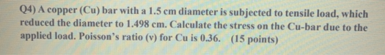 Q4) A copper (Cu) bar with a 1.5 cm diameter is subjected to tensile load, which reduced the diameter to 1.498 cm. Calculate