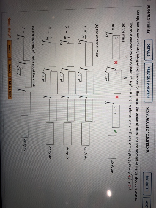 2. [0.04/0.9 Points] DETAILS PREVIOUS ANSWERS SESSCALCET2 12.5.513.XP. MY NOTES ASK Set up, but do not evaluate, integral exp