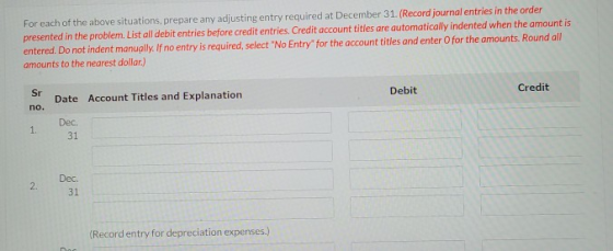 For each of the above situations, prepare any adjusting entry required at December 31. (Record journal entries in the order p