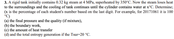 3. A rigid tank initially contains 0.32 kg steam at 4 MPa, superheated by 350°C. Now the steam loses heat to the surroundings