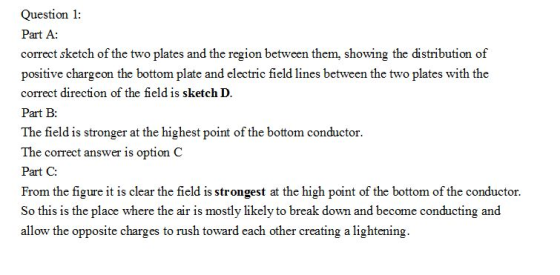 Question 1: Part A: correct sketch of the two plates and the region between them, showing the distribution of positive charge