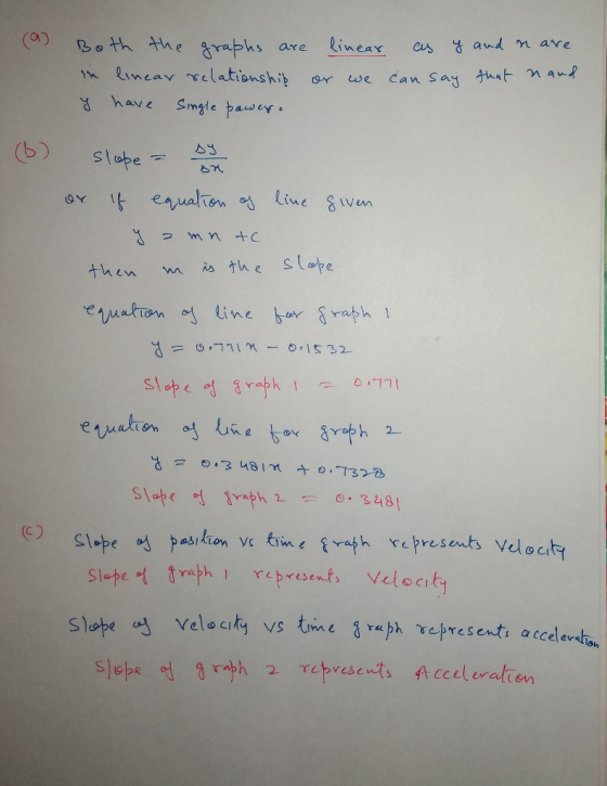 (여) Both the graFhs are linea r as y and rave aure weaY b slope 스n then m the Sope 2 () SI,he ad pas, hon vs time EY ath represents Velocity ope Veloc resents accelevalion 2 γ.cpvesen.(S