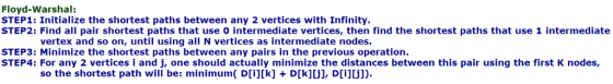 Floyd-Warshal: STEP1: Initialize the shortest paths between any 2 vertices with Infinity. STEP2: Find all pair shortest paths