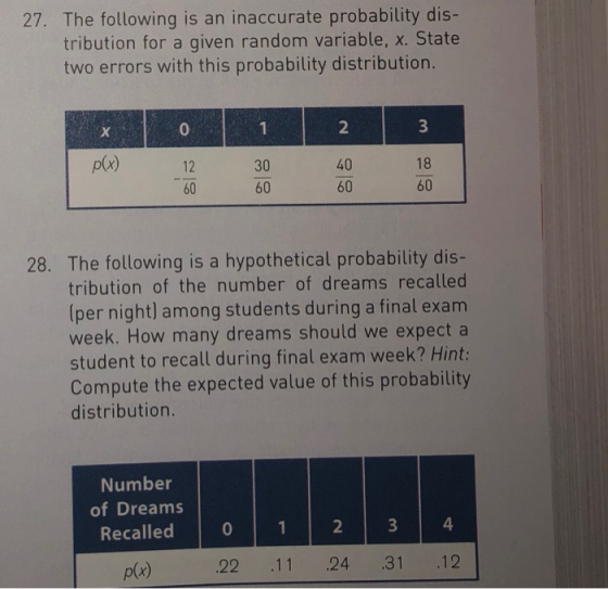 27. The following is an inaccurate probability dis- tribution for a given random variable, x. State two errors with this probability distribution. 2 40 60 px) 12 60 30 60 18 60 28. The following is a hypothetical probability dis- tribution of the number of dreams recalled (per night) among students during a final exam week. How many dreams should we expect a student to recall during final exam week? Hint: Compute the expected value of this probability distribution. Number of Dreams Recalled 0 4 p(x) )22 11 24 31 .12
