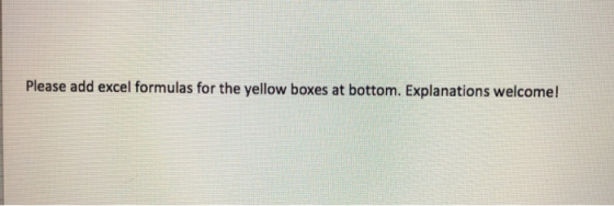 Please add excel formulas for the yellow boxes at bottom. Explanations welcome!