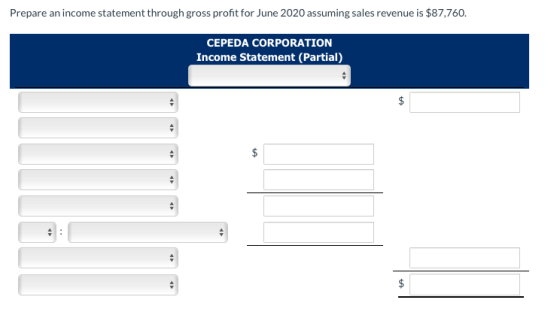 Prepare an income statement through gross profit for June 2020 assuming sales revenue is $87,760. CEPEDA CORPORATION Income S