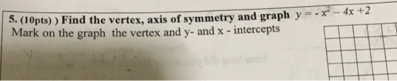 3. (10pts)) Find the vertex, axis of symmetry and graph y = -x - 4x +2 Mark on the graph the vertex and y- and x - intercepts