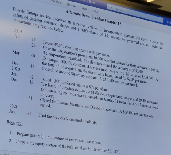 Wallings 12 - Saved L Review View Help Alternate Demo Problem Chapter 12 e Search Bonnie Enterprises Inc. received its approv