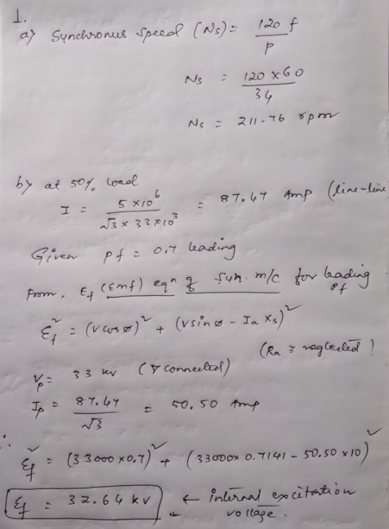 I. at Synchronus speed (s) = 120f Ns & 120 x 60 Ns = 21-76 rpm by at 50% wad I = 5x100 87.47 amp (line-line for leading Giren
