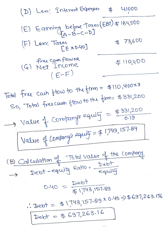 41000 (D) Len! Interest Expenses $ (E) Earning before Foxes (EBT) $ 184,000 (F) Lens: Taxes CE X0:40] $ 73,600 free cash flow