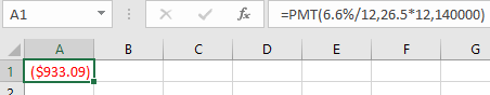 A1 - X Fax =PMT(6.6%/12,26.5*12, 140000) A i * -PM176.58/12,26.5-2 B C D E A 1 ($933.09)! F G