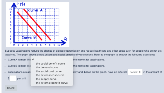 P ($) Curve A Curive B: 0 1 2 3 4 5 6 7 8 9 10 Suppose vaccinations reduce the chance of disease transmission and reduce heal