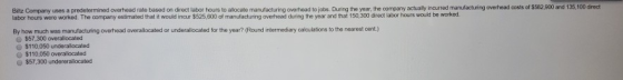 Bitz Company uses a predetermined overhead rate based on direct labor hours to alocate manufacturing overhead to jobs. During