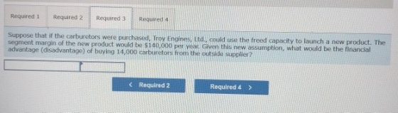 Required 1 Required 2 Required 3 Required 4 Suppose that if the carburetors were purchased, Troy Engines, Ltd., could use the