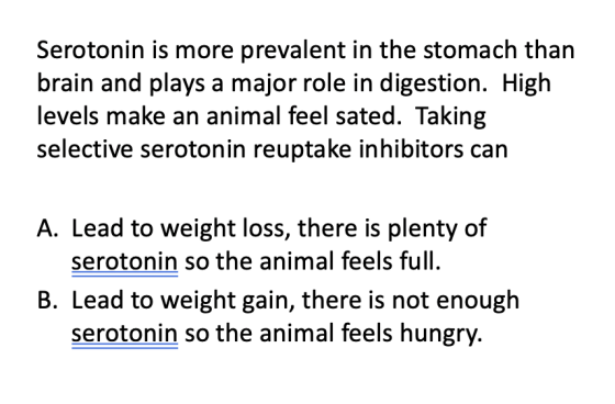 Serotonin is more prevalent in the stomach than brain and plays a major role in digestion. High levels make an animal feel sa