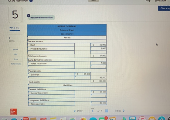 CHUJ HUN WIRD elp Save & Ext Check m Required information Part 2 of 2 SIERRA COMPANY Balance Sheet December 31 Assets points