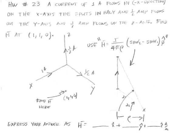 HW # 23 A CURRENT OF IA FLOWS IN (-X-DRECTION ON THE Y-AKES AND I AM FLOWS UP THE Z AIS. FIND I USE H = 4te E I (SINdz - Sin