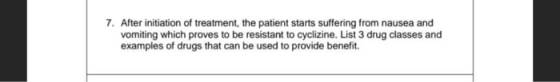7. After initiation of treatment, the patient starts suffering from nausea and vomiting which proves to be resistant to cycli