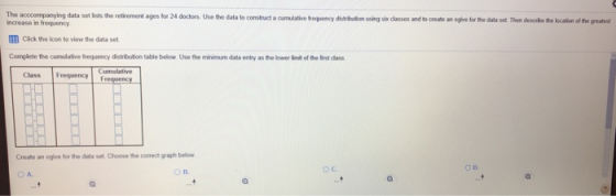 acccompanying data set lists the retirement ages for 24 doctors. Use the data to construct a cumulative trequency distibution using six classes and to creabe an ogive for the data set Then descrbe the lecaltion of the greatert increase in frequency B Click the icon to view the data set Complete the cumulative frequency distribution table below Use the minimum data entry as the lower lit of the frst class Cumulative Class Freqency reate an ogive for the data set. Choose the correct graph below A.