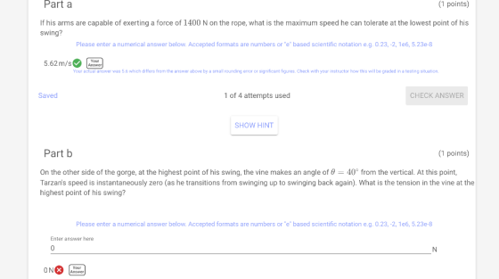 Part a (1 points) If his arms are capable of exerting a force of 1400 N on the rope, what is the maximum speed he can tolerat