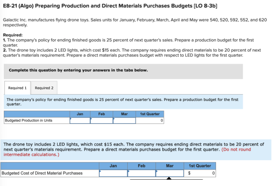 E8-21 (Algo) Preparing Production and Direct Materials Purchases Budgets (LO 8-3b] Galactic Inc. manufactures flying drone to