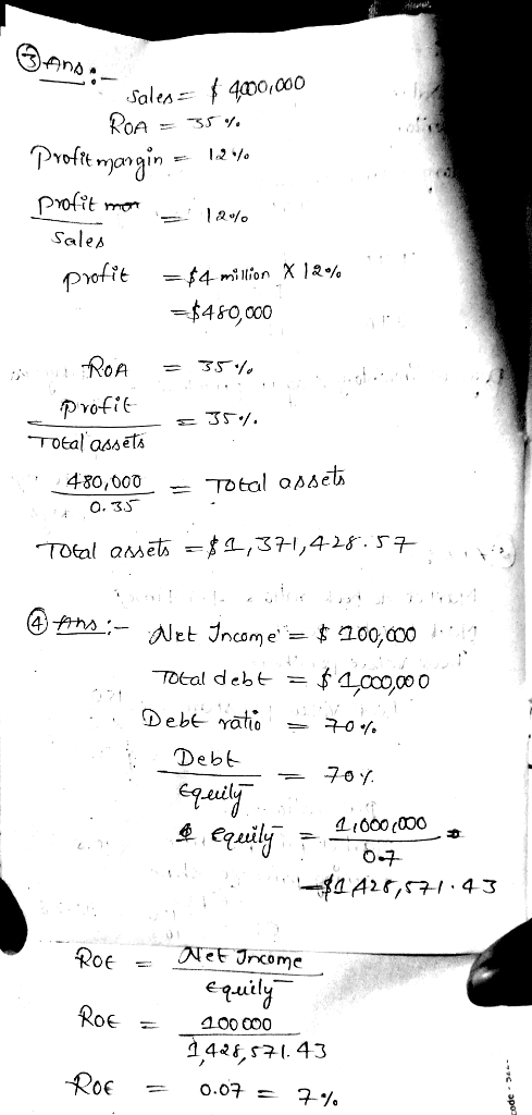 01000 Sales Proftt 12o Sales ofit $4 million X 12% 480,000Totol onseb Debt 7 OE Tet ncome Lut 1.42が礼43
