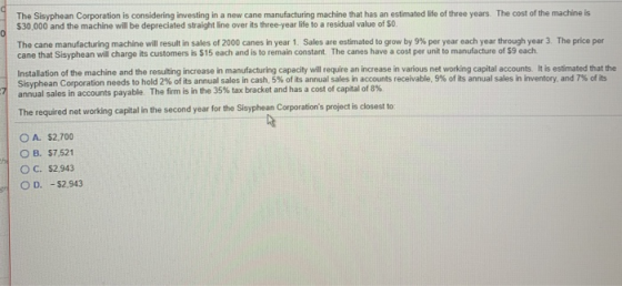 0 The Sisyphoan Corporation is considering investing in a new cane manufacturing machine that has an estimated life of three
