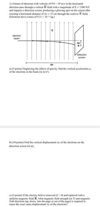 1) A beam of electrons with velocity of 9.0 x 10 m/s in the horizontal direction pass through a vertical E-field with a magni