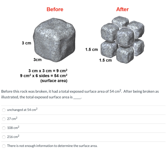 Before After 3 cm 1.5 cm 3cm 1.5 cm 3 cm x 3 cm = 9 cm2 9 cm x 6 sides = 54 cm2 (surface area) Before this rock was broken, i