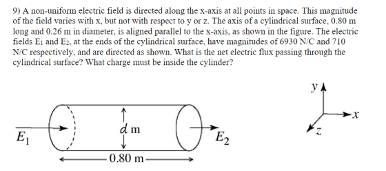 9) A non-uniform electric field is directed along the x-axis at all points in space. This magnitude of the field varies with x, but not with respect to y or z. The axis of a cylindrical surface, 0.80 m long and 0.26 m in diameter, is aligned parallel to the x-axis, as shown in the figure. The electric fields E1 and E2, at the ends of the cylindrical surface, have magnitudes of 6930 N/C and 710 N/C respectively, and are directed as shown. What is the net electric flux passing through the cylindrical surface? What charge must be inside the cylinder? E. -0.80 m