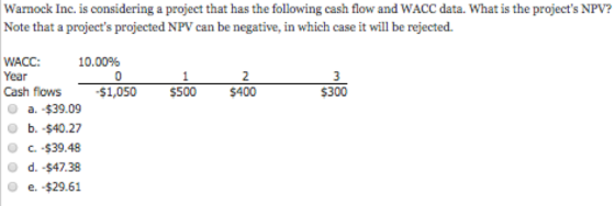 Warnock Inc. is considering a project that has the following cash flow and WACC data. What is the projects NPV? Note that a