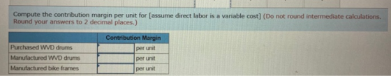 Compute the contribution margin per unit for (assume direct labor is a variable cost] (Do not round intermediate calculations