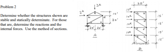 25 3k Problem 2 k. 2 Determine whether the structures shown are stable and statically determinate. For those that are, determine the reactions and the internal forces. Use the method of sections. ro 20 20 S 上