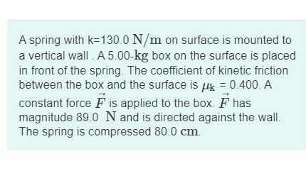 A spring with k=130.0 N/m on surface is mounted to a vertical wall. A 5.00-kg box on the surface is placed in front of the sp