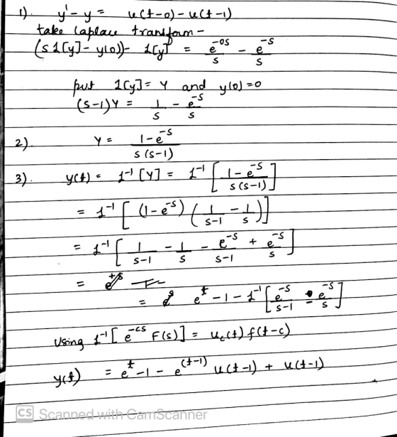 ه للا رحلال - رم-طيلع take Laplace transform - (s 1 [y] yLo))- Lly = 6 put 1 Cy]= Y and y(o)=0 یا هتلالات : لا کے - s (s-1) (