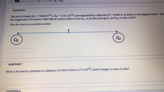 QUESTION Two point charges (Q1 - +9.00x10-9C02 - +3.75 x10-°C) are separated by a distance of r-0.800 m, as shown in the diag