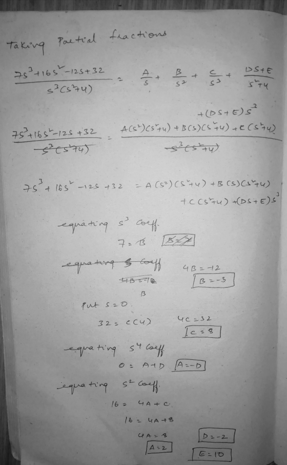 Taking Partial fractions 753 +1652 - 125+32 OSTE + S sa s3 (374) 2 +(ostels 75 +1657-125 +32 zestur A (5²) (5²74) + B (3) Cs