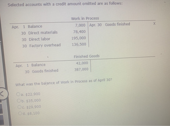 Selected accounts with a credit amount omitted are as follows: Х Apr. 1 Balance 30 Direct materials 30 Direct labor 30 Factor