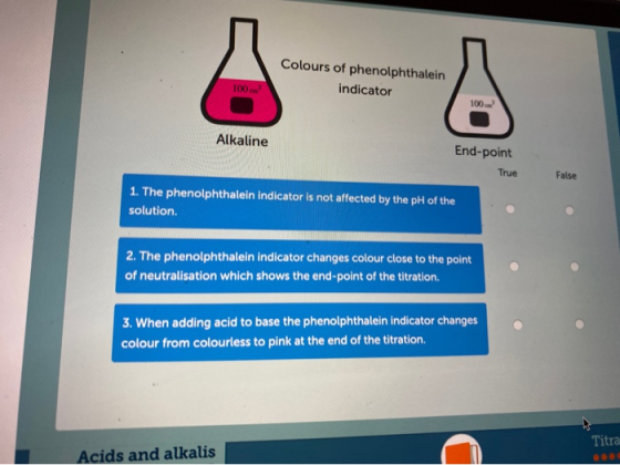 Colours of phenolphthalein indicator 100 Alkaline End-point True False 1. The phenolphthalein indicator is not affected by th