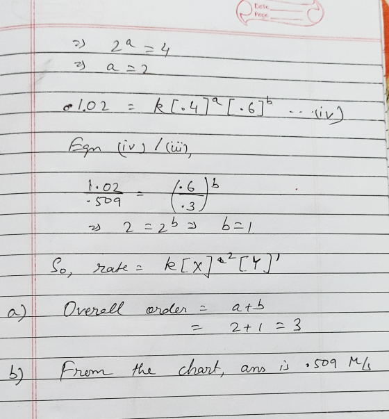 ? 2a=4 2) a=2 01.02 = k [0479 [.67b Fan (iv) / 1.02 - a lebt ,3 . 509 2) 2=2ba b=1 So, rate = k [x] 4² [4 l Overell order = =