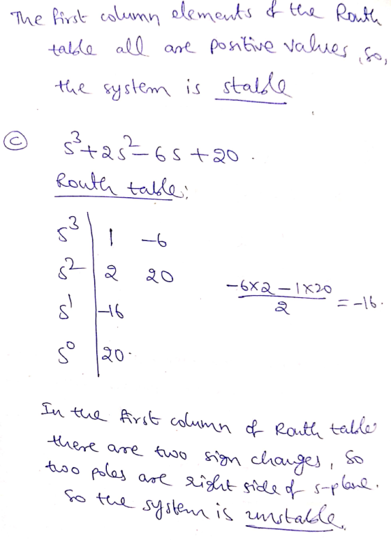 The first column elements of the Routh table all are positive values a the system is stable s+25265+20 Routh table s3 lio -२