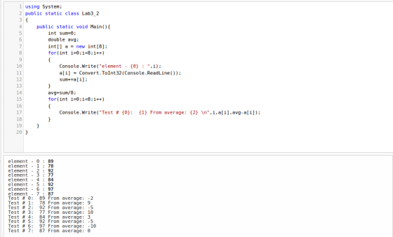 1 using System; public static class Lab3_2 public static void Main() { int sum=0; double avg; int[] a = new int[8]; for(int i