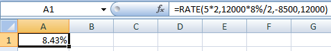 foc =RATE(5*2,12000*8%/2,-8500, 12000) D E F G B C 1 8.43%